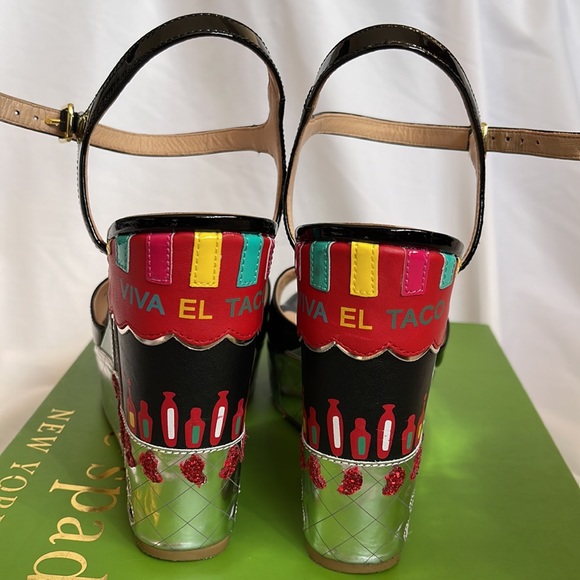 Kate Spade Black Patent Leather Dora Wedges Taco Truck Viva El Taco Size 10 - Picture 6 of 17